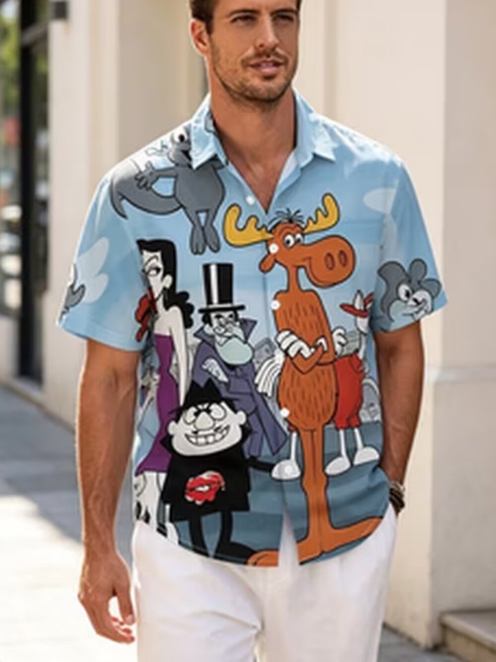 Men's Rocky & Bullwinkle Cartoon Retro Button Down Shirt Blue XXL New